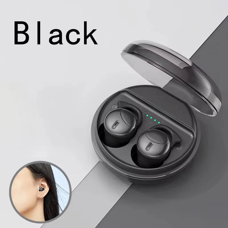 Black wireless earbuds in charging case with 'Black' text above on a light gray background.