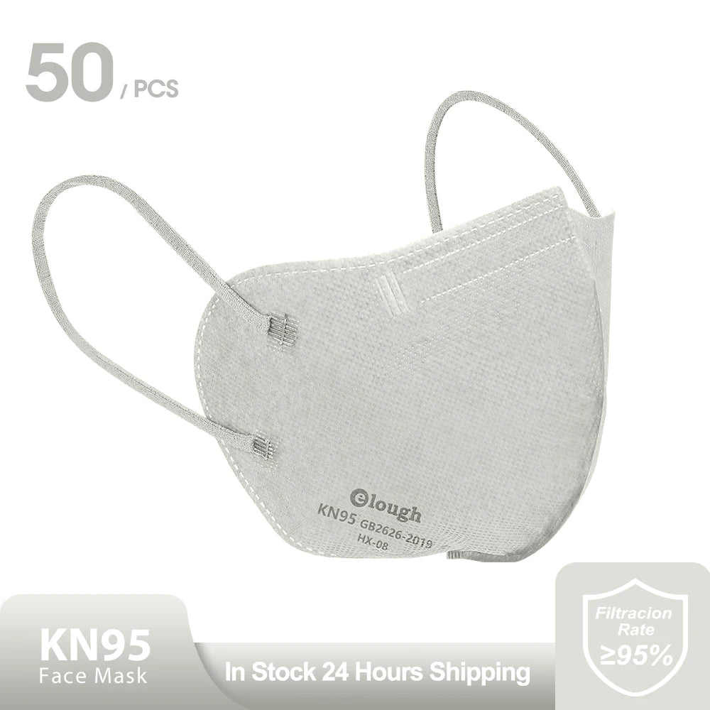 Gray KN95 face mask with branding and product details on a white background