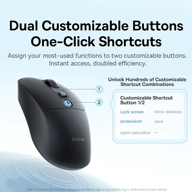 Baseus mouse with customizable buttons and shortcuts on a light blue background