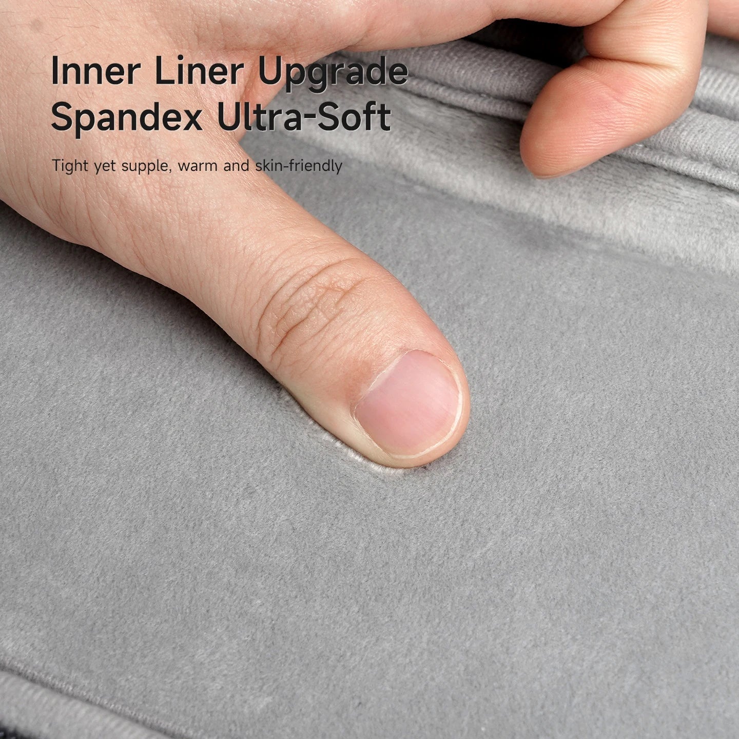 Gray spandex fabric with a hand touching it, text overlay about inner liner upgrade.