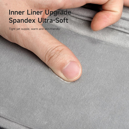 Gray spandex fabric with a hand touching it, text overlay about inner liner upgrade.
