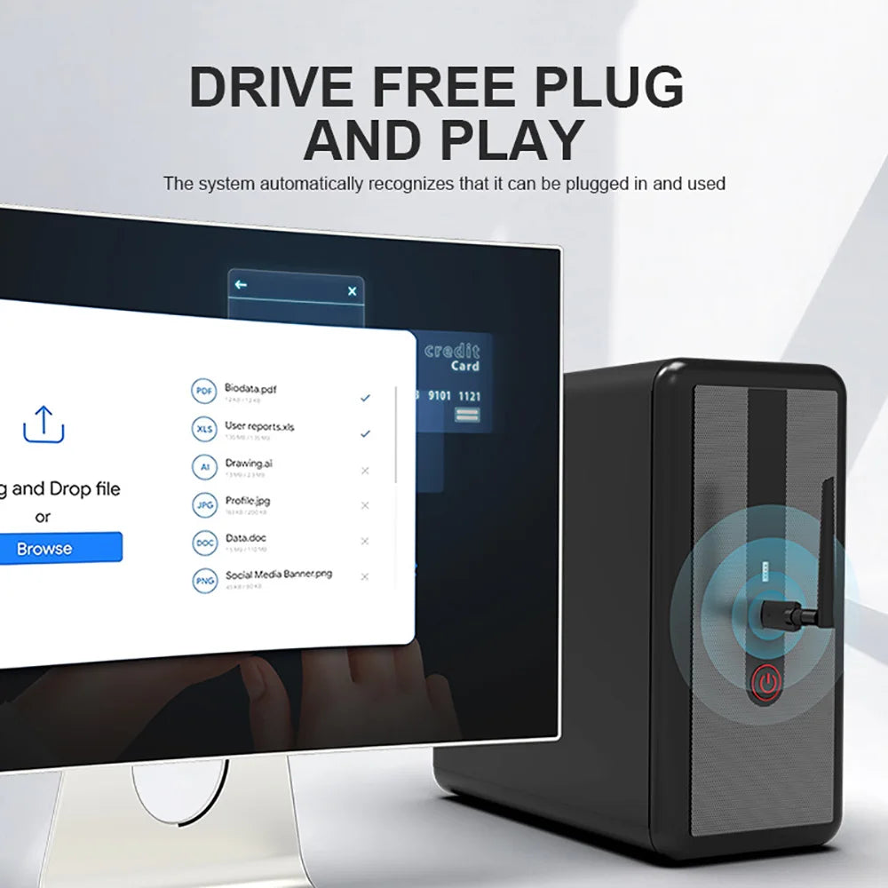 Computer monitor with a black device labeled 'Drive Free Plug and Play' on a white background