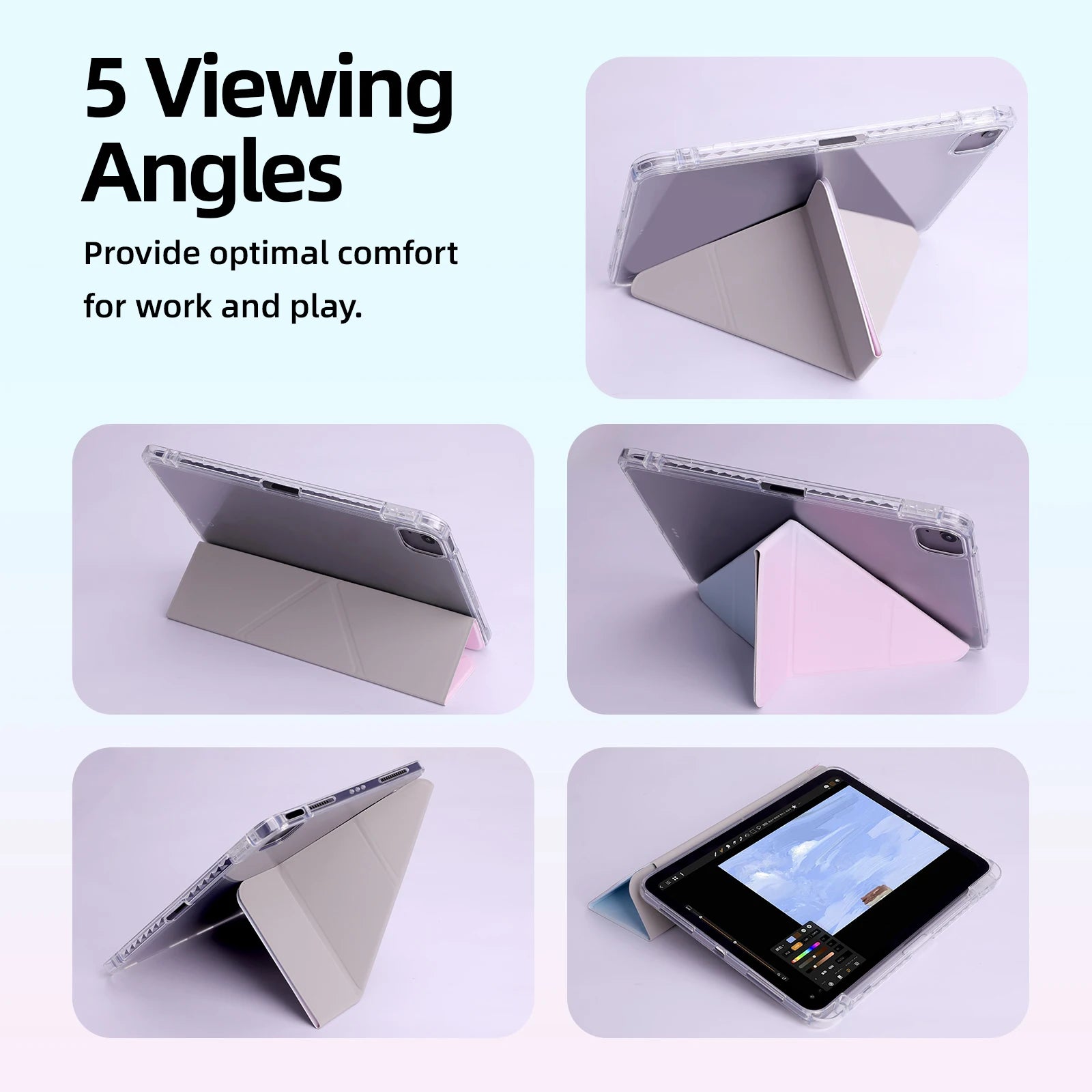 Tablet with a stand showing 5 viewing angles on a light purple background.