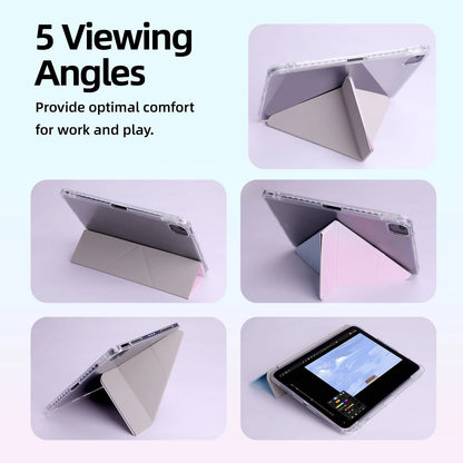 Tablet with a stand showing 5 viewing angles on a light purple background.