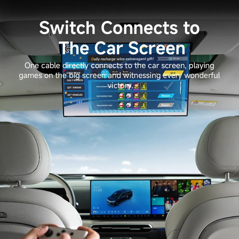 Car interior with a screen displaying games and text about connecting to the car screen.