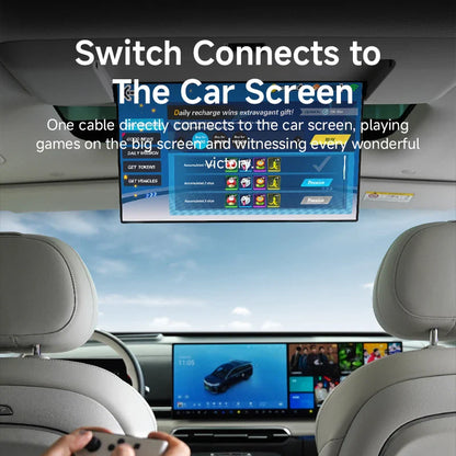 Car interior with a screen displaying games and text about connecting to the car screen.