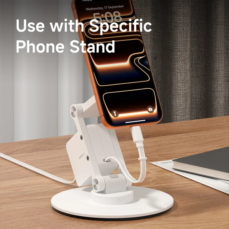 White phone stand holding a smartphone on a wooden surface with text 'Use with Specific Phone Stand'.