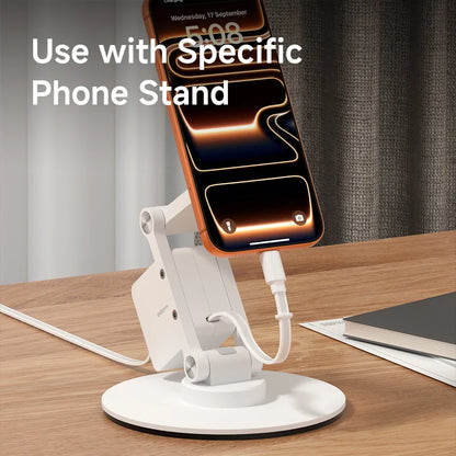 White phone stand holding a smartphone on a wooden surface with text 'Use with Specific Phone Stand'.