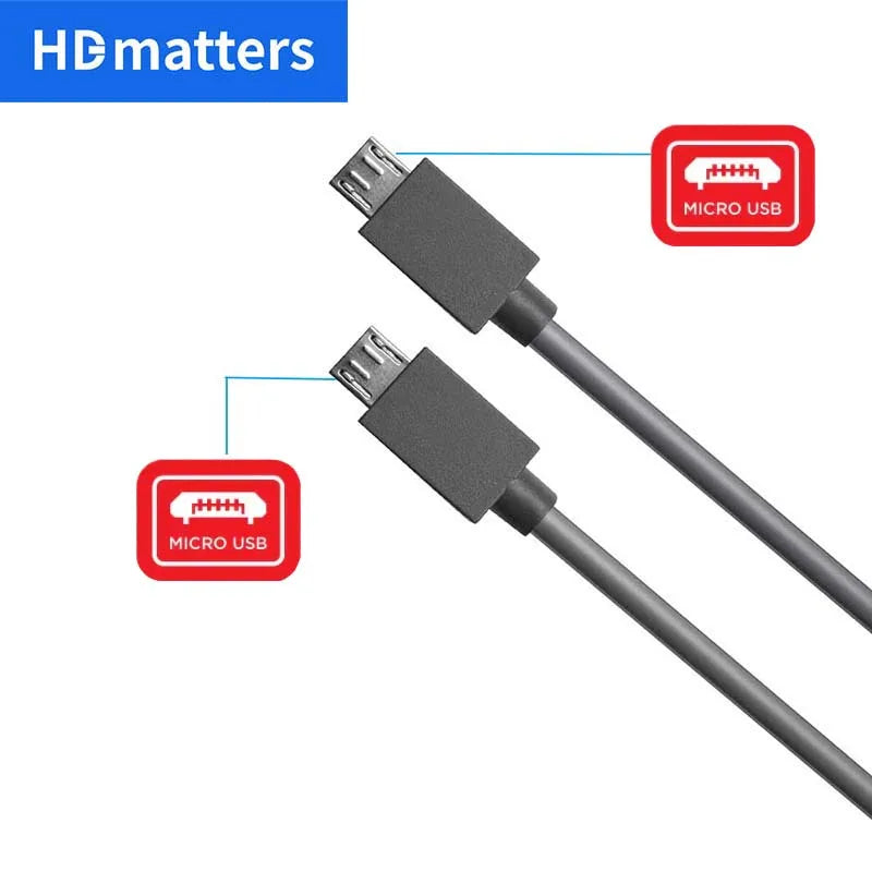 Gray micro USB cable with two connectors on a white background, featuring 'HD matters' branding.