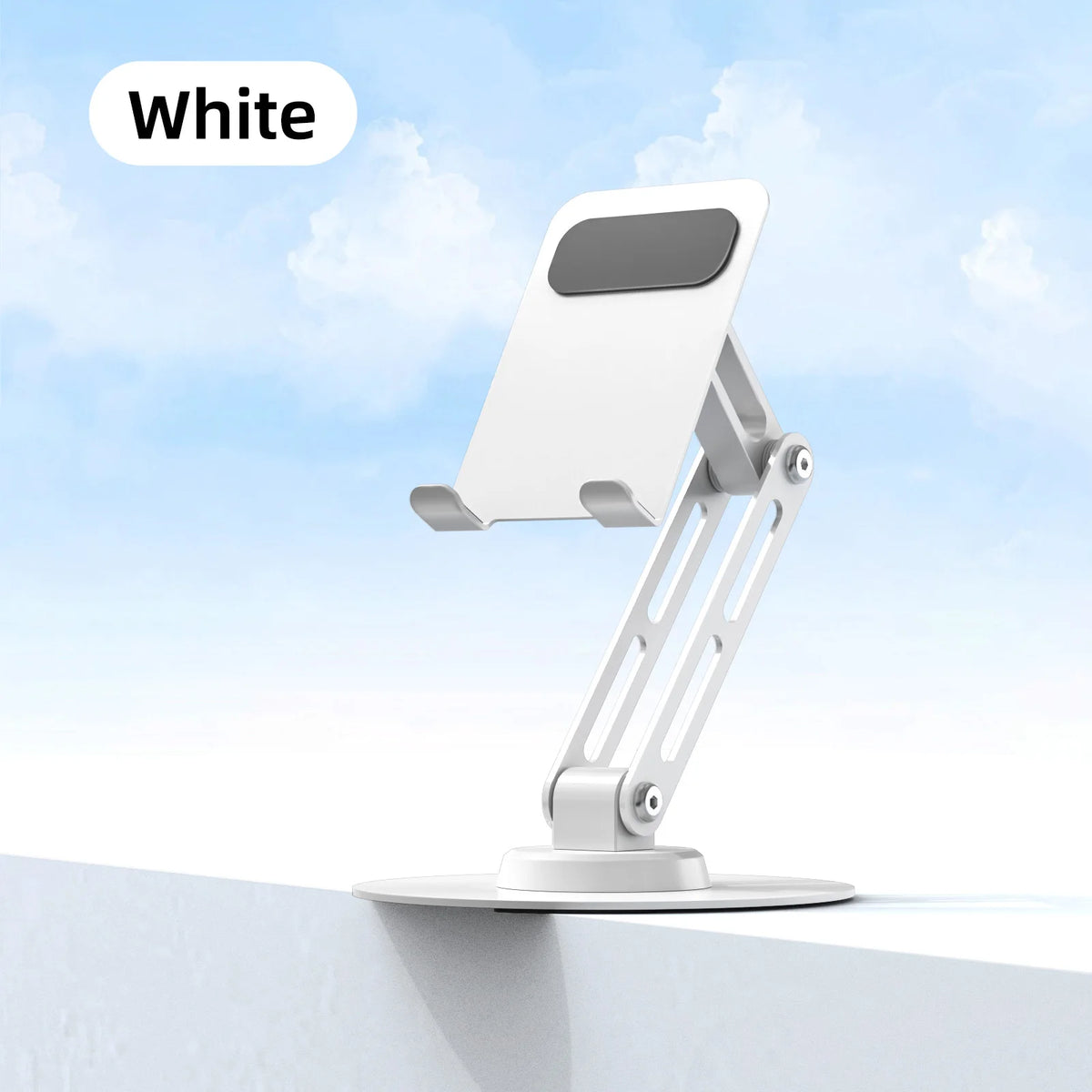 White adjustable phone stand on a light blue background with 'White' label.