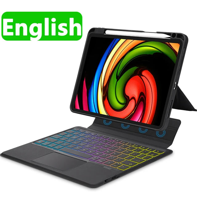 Detachable magnetic keyboard case with RGB backlighting for iPad, showing the keyboard and the stand function with a visually striking design.