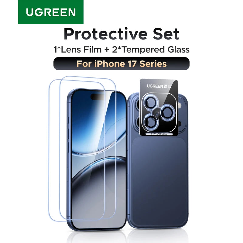 UGREEN protective set for iPhone 17 Series including lens film and tempered glass on a white background
