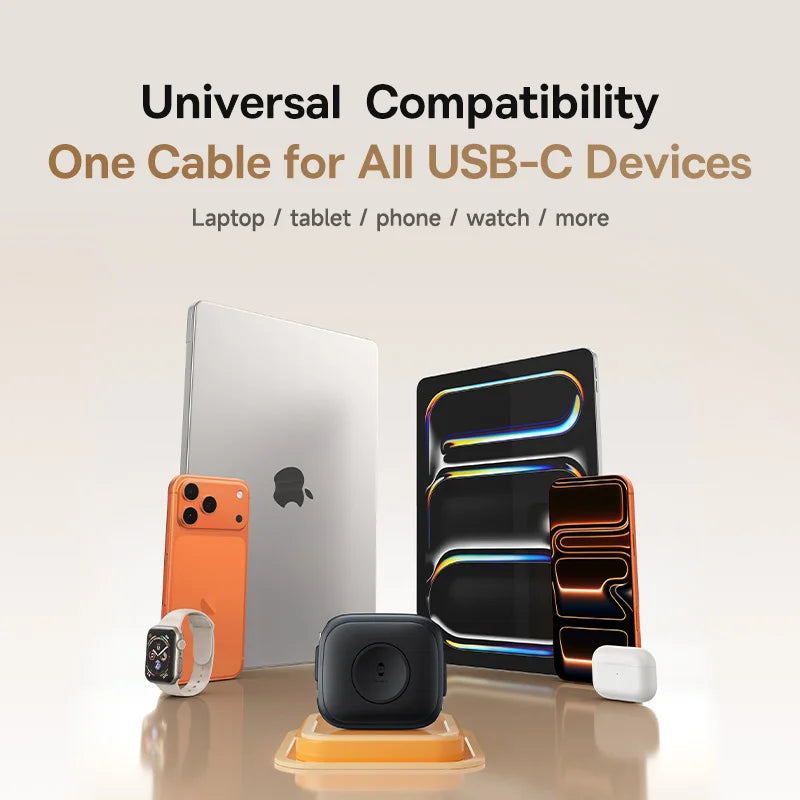 Universal compatibility cable for various USB-C devices on a neutral background
