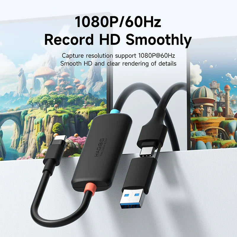 USB capture device with cables on a white background, showing a scenic image on a screen.
