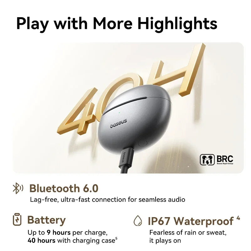 Bluetooth earbud with charging case on a light background, featuring brand logos and product features.