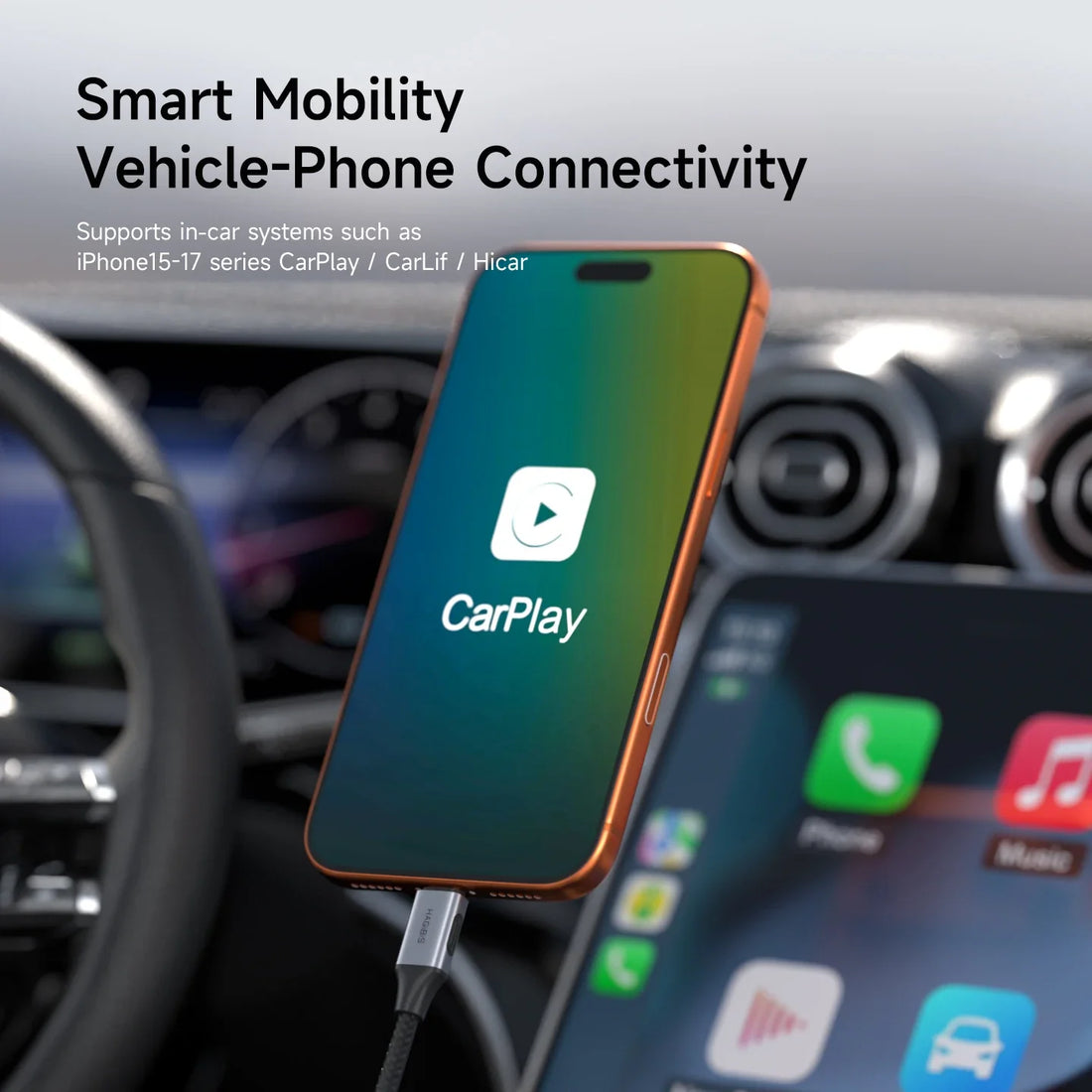 Smartphone connected to a car's infotainment system with CarPlay logo displayed.