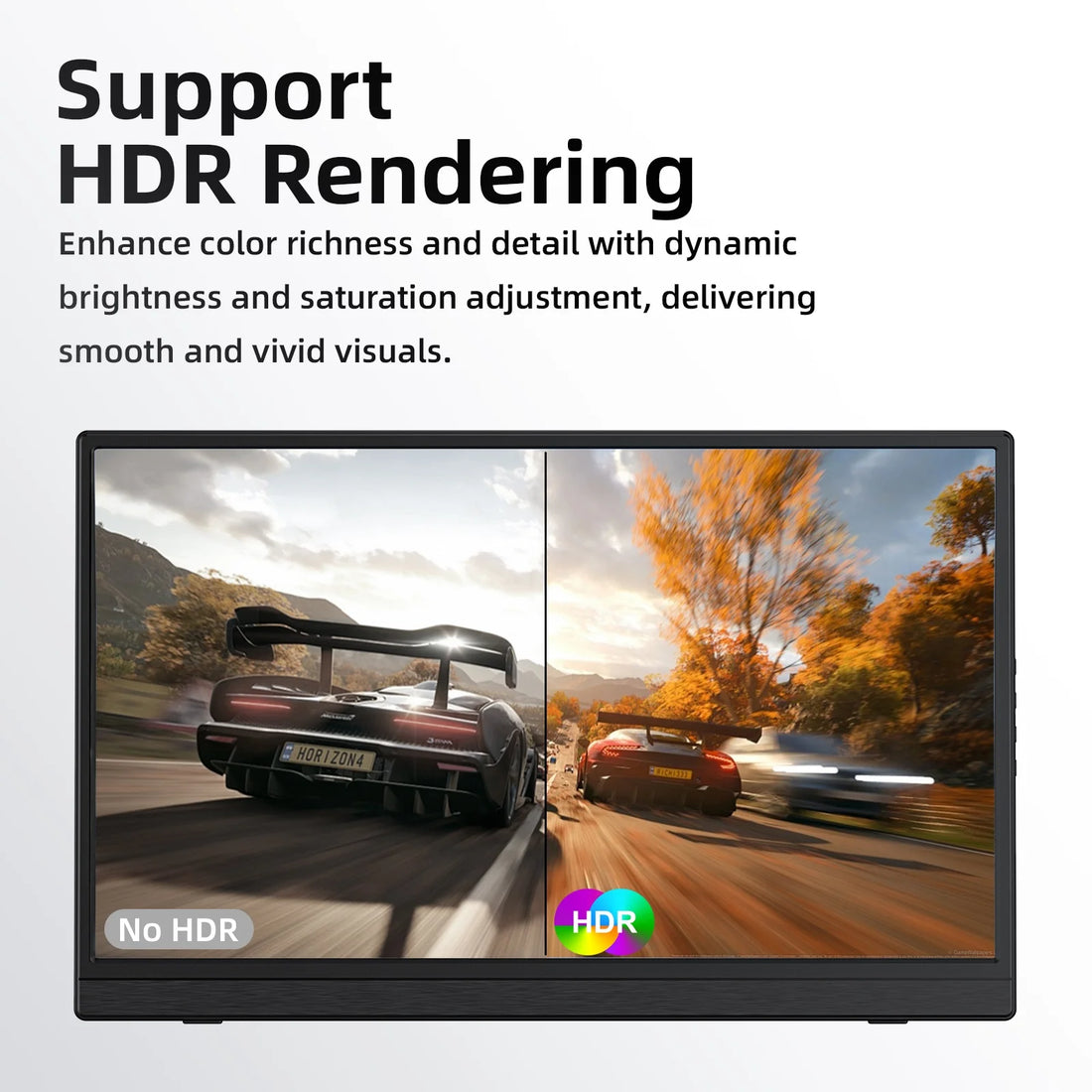 Comparison of HDR and No HDR rendering on a screen with a car scene.