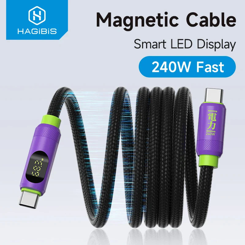A coiled magnetic USB cable with LED display, featuring a purple connector on one end and a black braided cable with a magnetic fastener.