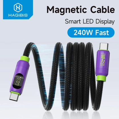 A coiled magnetic USB cable with LED display, featuring a purple connector on one end and a black braided cable with a magnetic fastener.