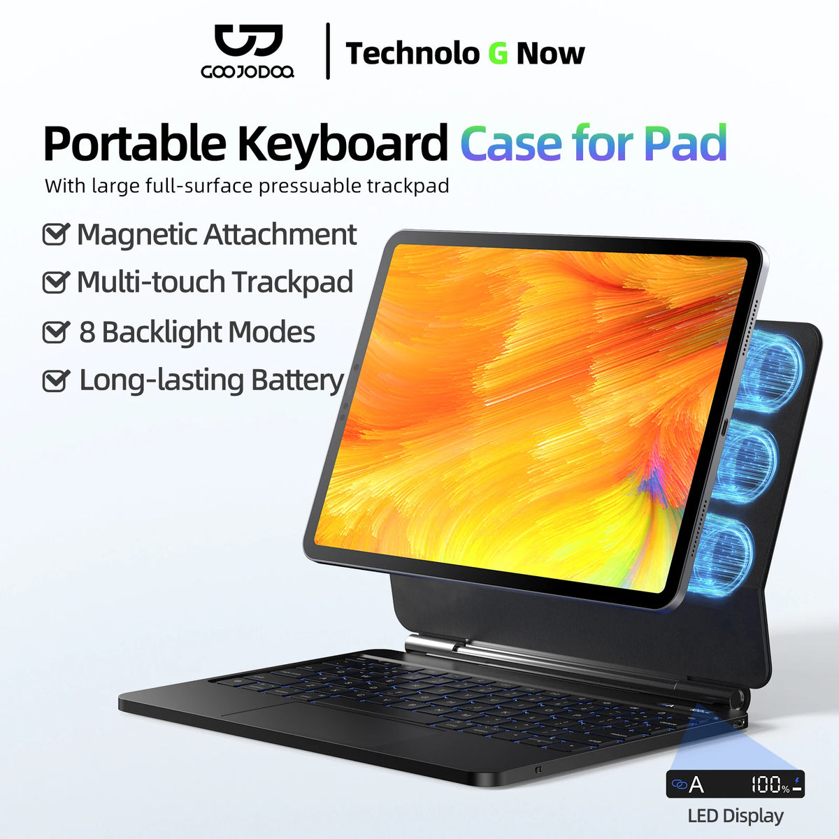Portable keyboard case for a tablet with features listed on a white background