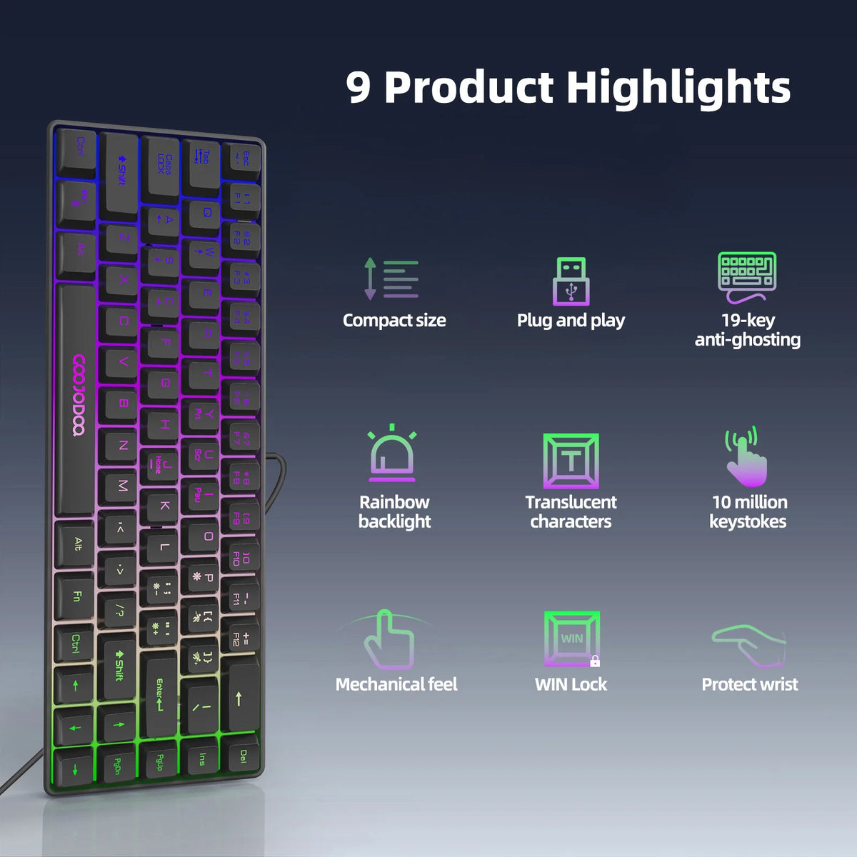 Keyboard with 9 product highlights on a dark background