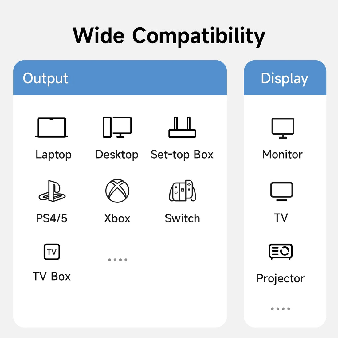 Diagram showing compatibility with various output and display devices on a white background.