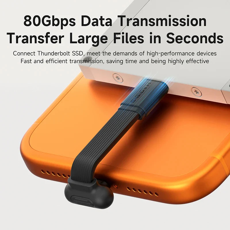 Thunderbolt SSD connected to a laptop with text about 80Gbps data transmission.