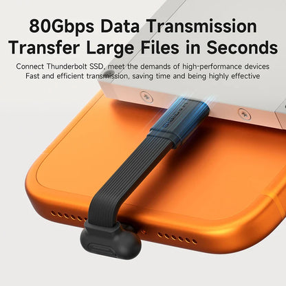 Thunderbolt SSD connected to a laptop with text about 80Gbps data transmission.
