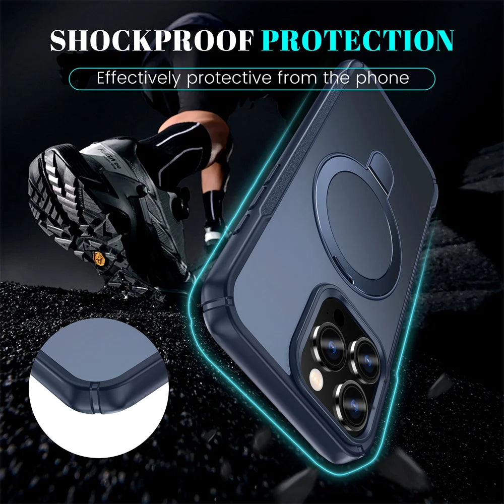 Phone case with shockproof protection feature, shown on a dark background.