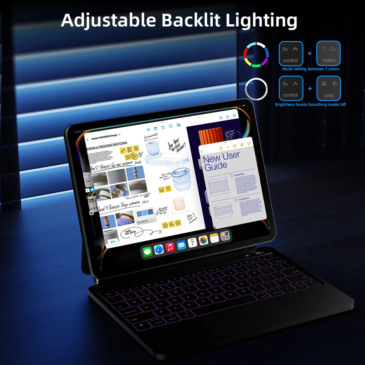 Tablet with keyboard and adjustable backlit lighting feature on a dark background