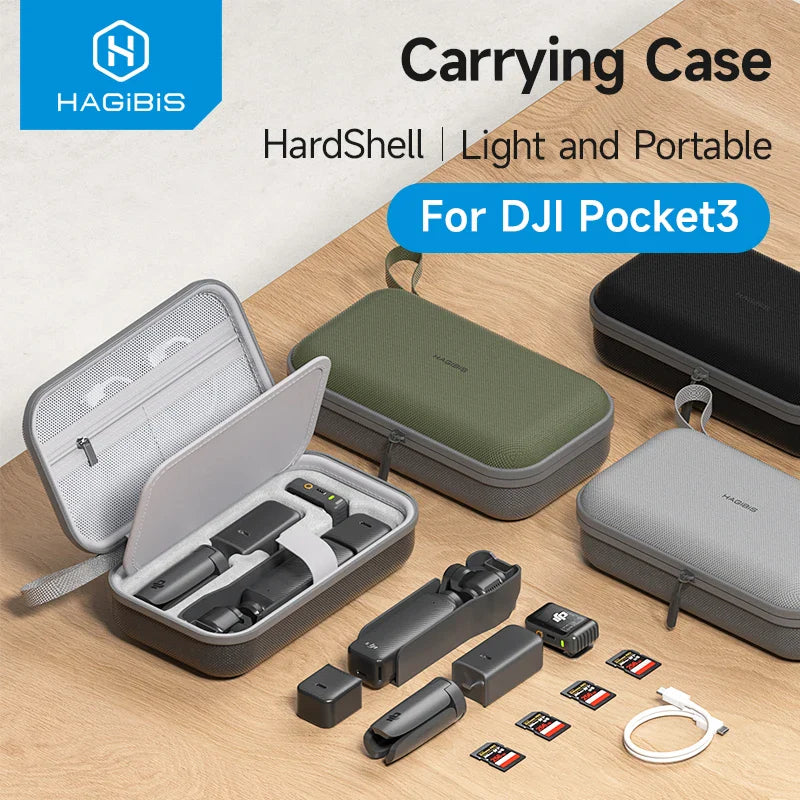 Hagibis carrying case for DJI Pocket3 with accessories on a wooden surface