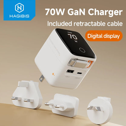 Hagibis 70W GaN Travel Charger with Retractable USB-C Cable
