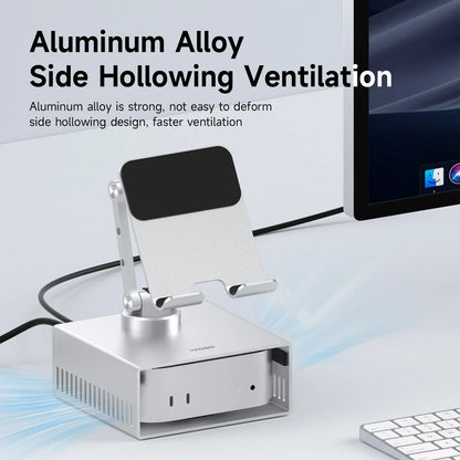 Computer monitor stand with aluminum alloy side hollowing ventilation design on a desk.