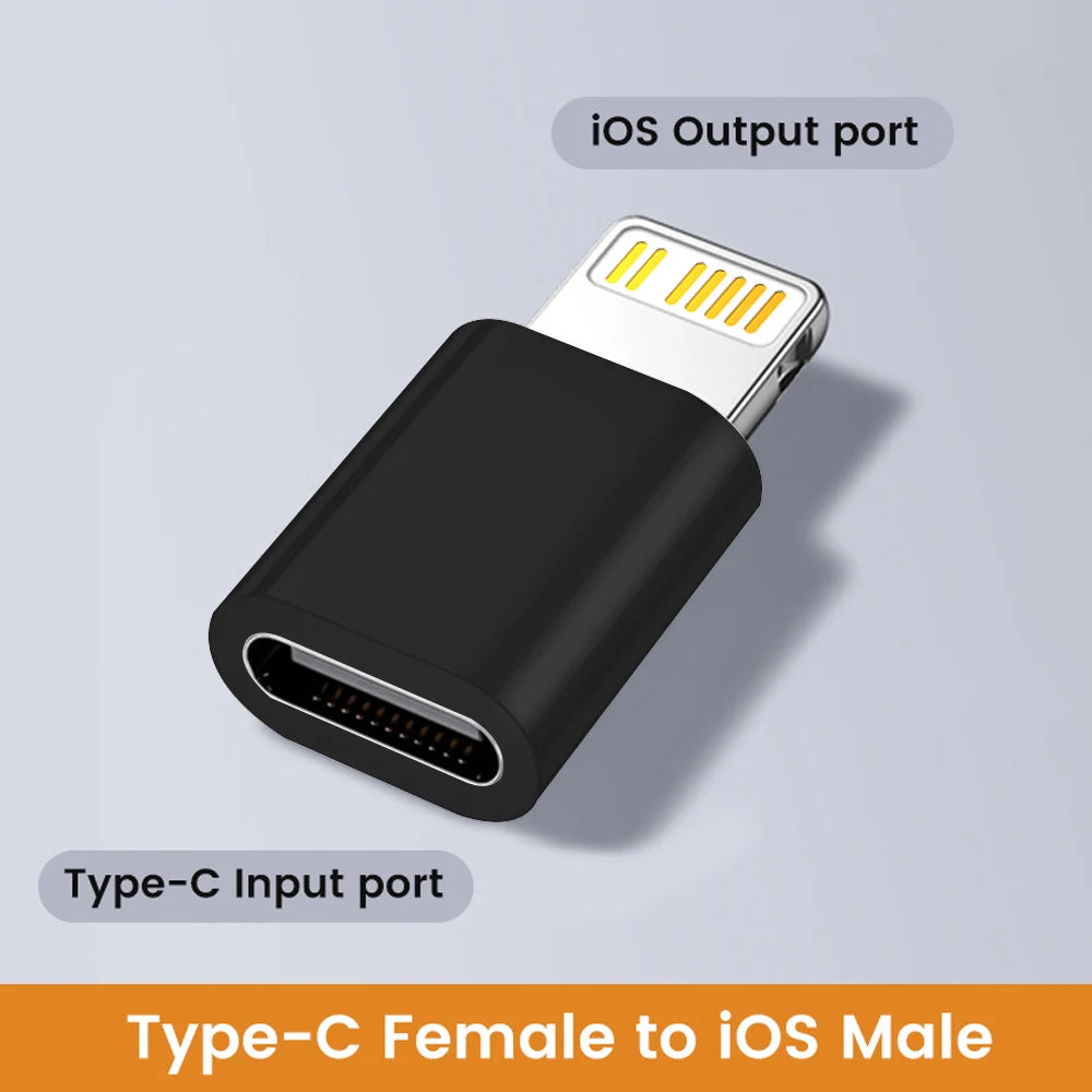 Type-C female to iOS male adapter on a light gray background