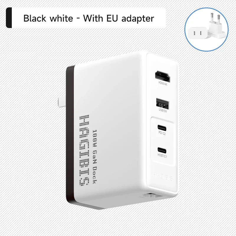 White and black USB charging dock with multiple ports on a light gray background