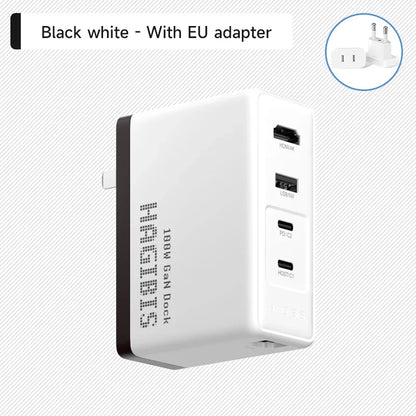 White and black USB charging dock with multiple ports on a light gray background