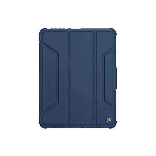 Navy blue tablet case with a geometric design on a white background