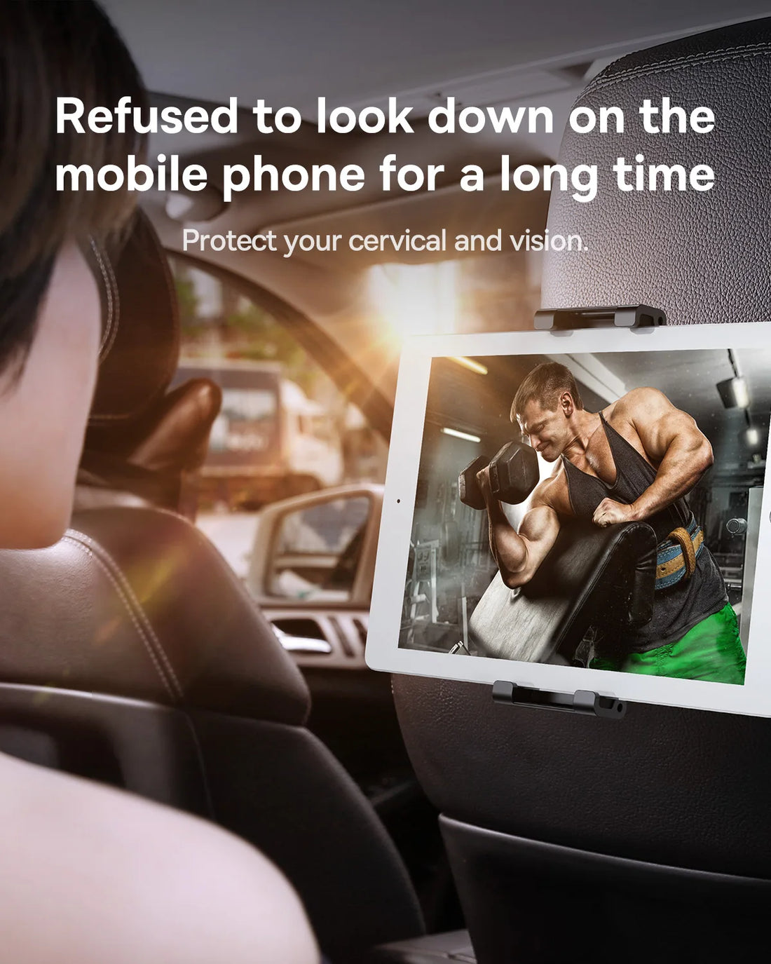 Person using a tablet mounted on a car's dashboard with text about protecting cervical and vision.