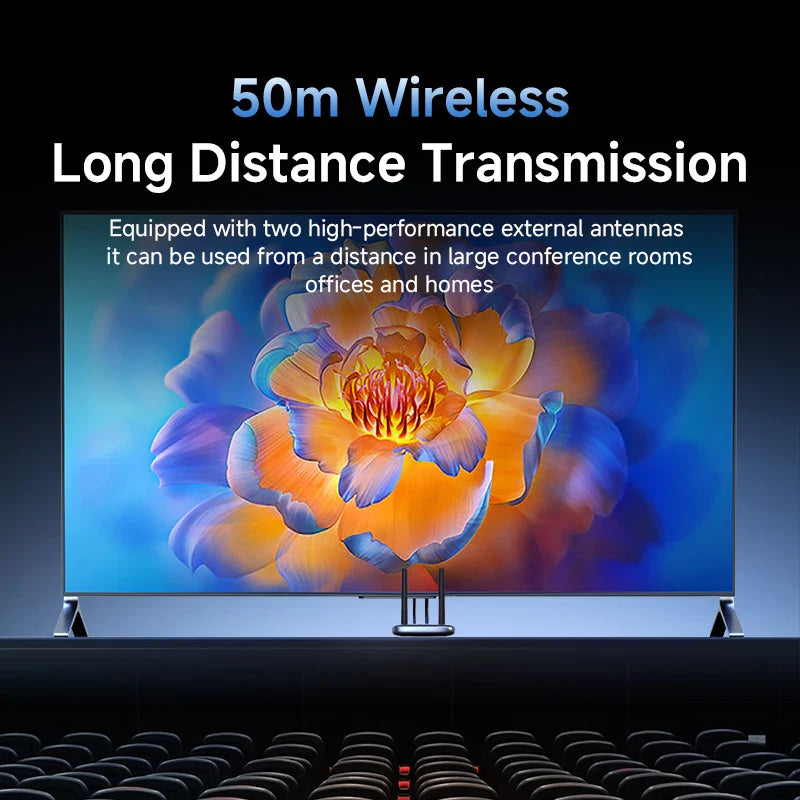 Flower display on a screen with text about wireless long-distance transmission