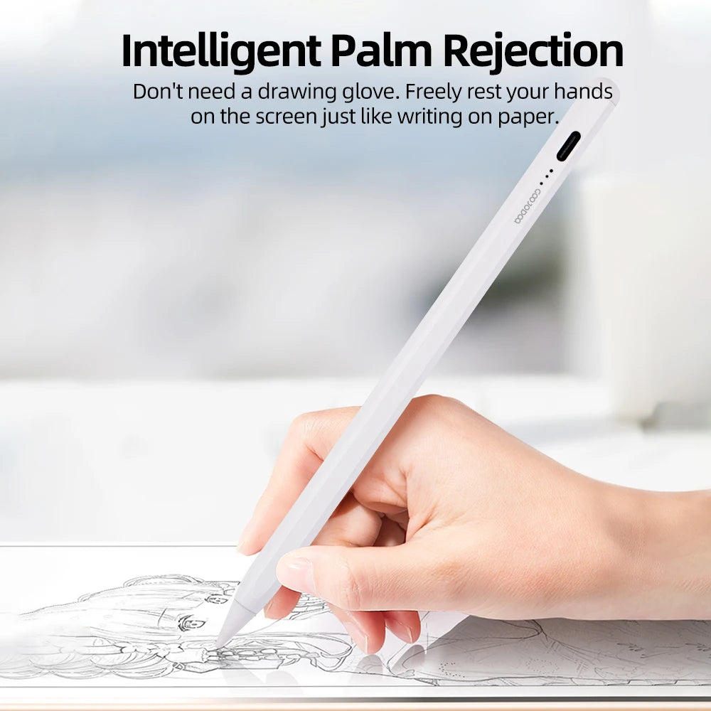 Hand holding a stylus with text about intelligent palm rejection on a blurred background