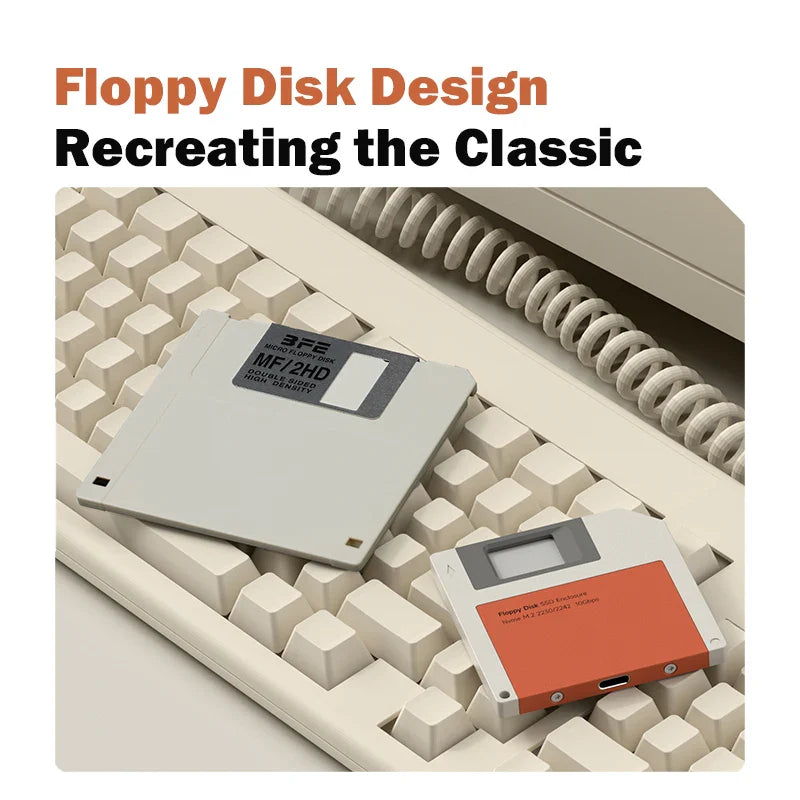 Two floppy disks on a keyboard with text 'Floppy Disk Design: Recreating the Classic'.