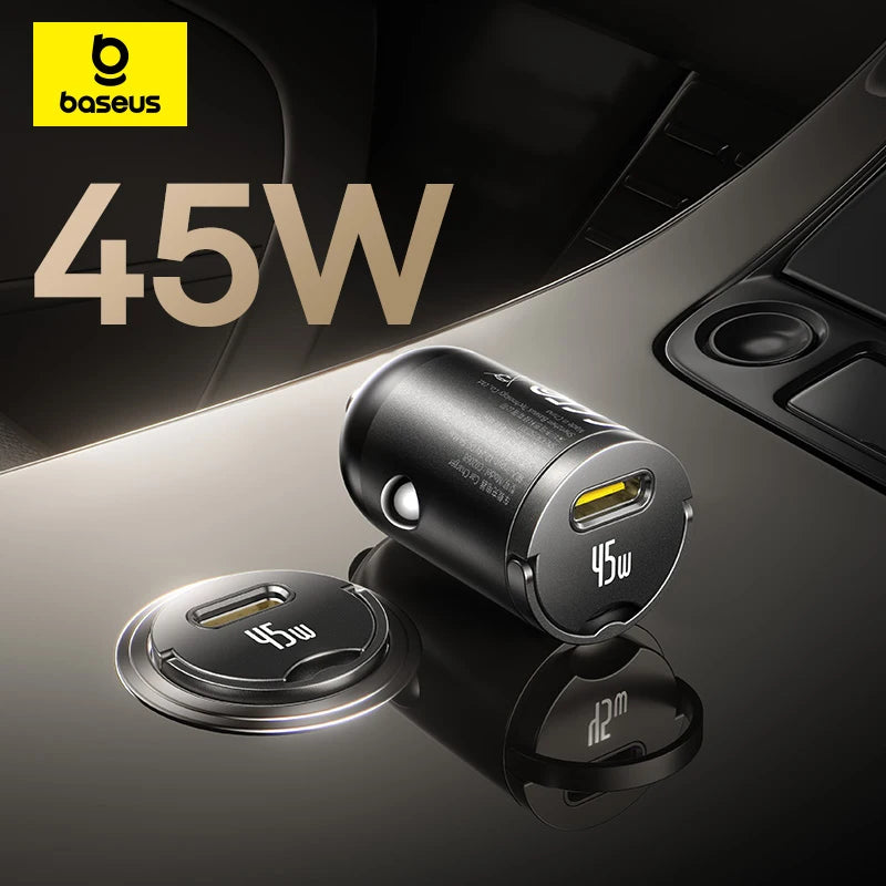 Car charger with '45W' rating on a reflective surface, featuring Baseus branding.
