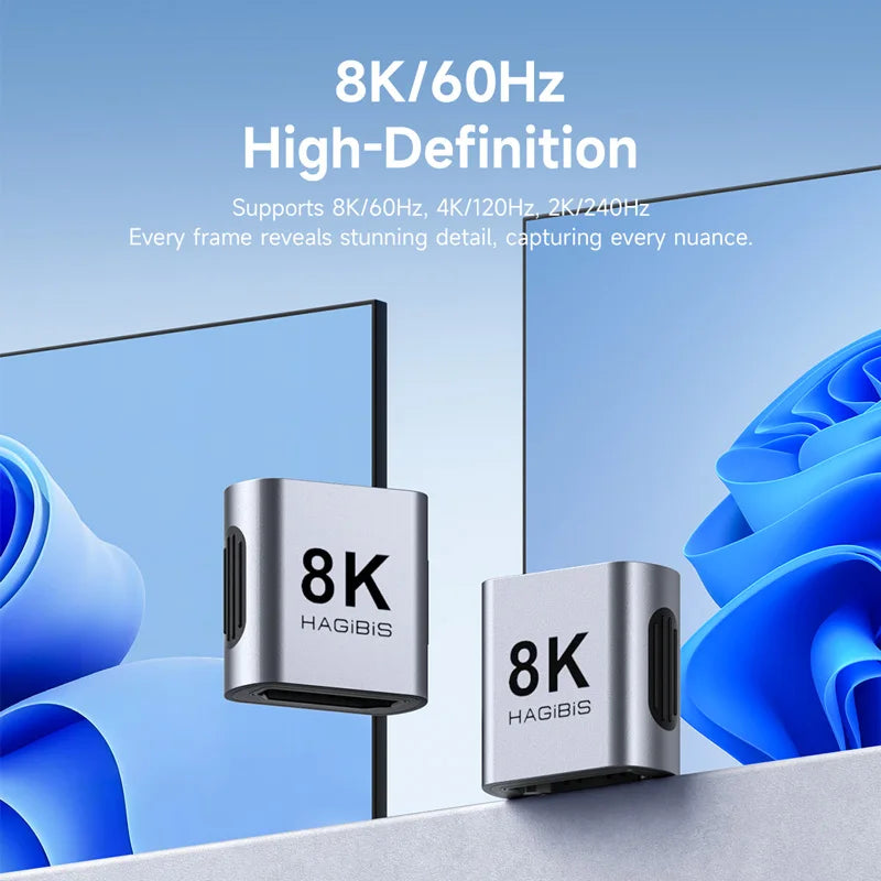 Two '8K HAGIBIS' devices with a blue background and text about high-definition display technology.