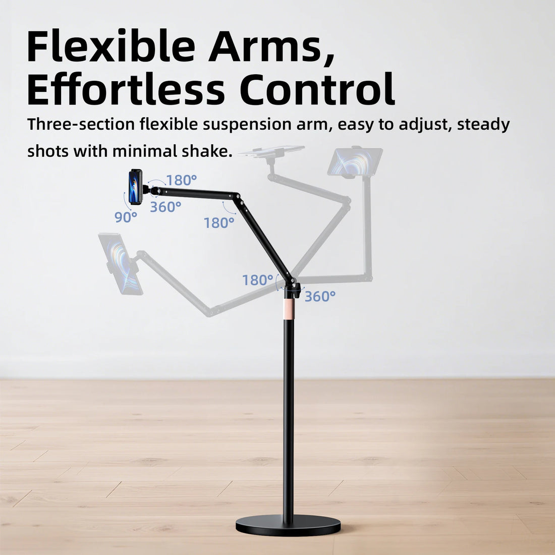 Black adjustable phone or tablet stand with flexible arms on a wooden floor.