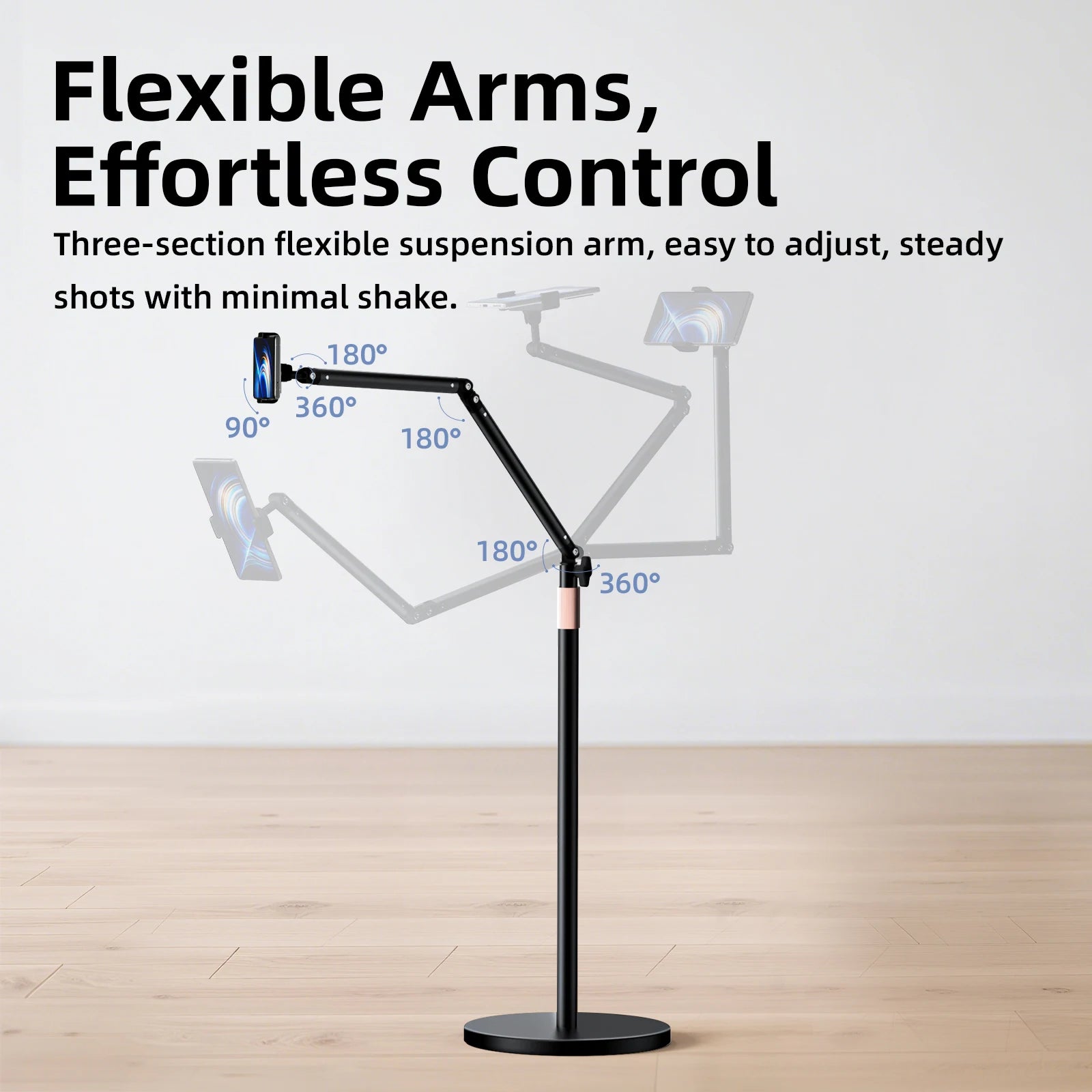 Black adjustable phone or tablet stand with flexible arms on a wooden floor.