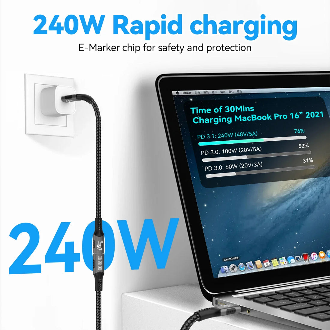 240W rapid charging cable with laptop displaying charging details on a white background