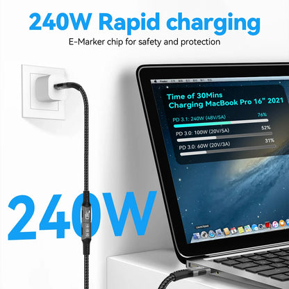 240W rapid charging cable with laptop displaying charging details on a white background