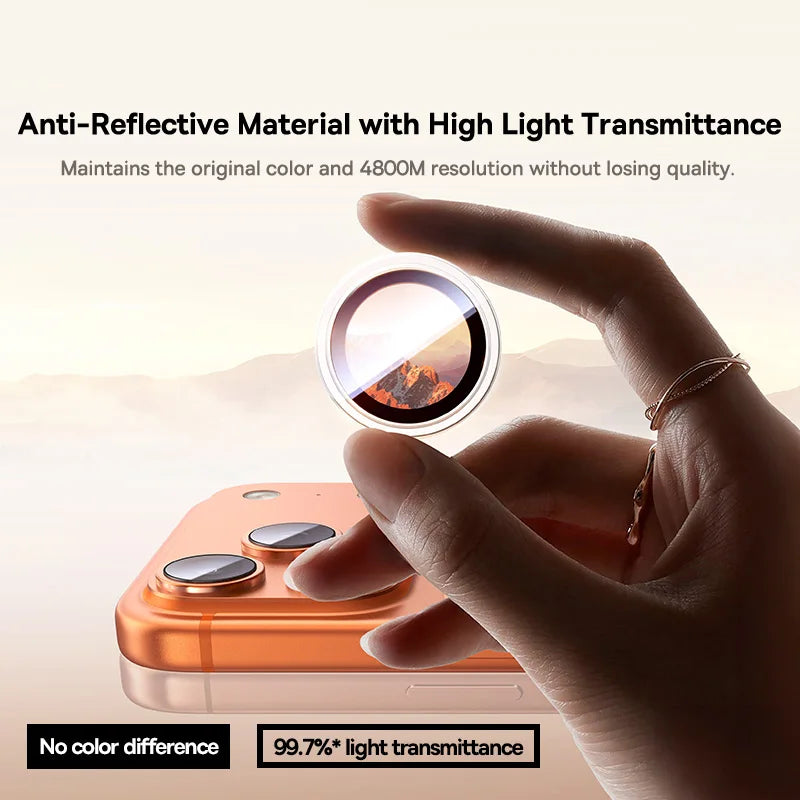 Hand holding a phone with a lens cover, showcasing anti-reflective material and high light transmittance.