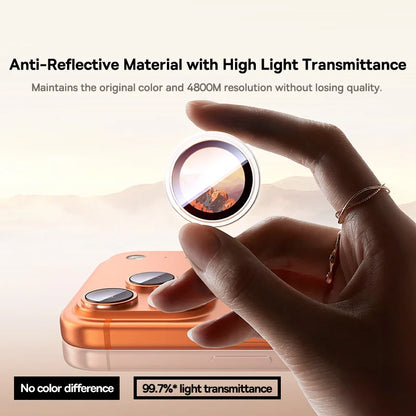 Hand holding a phone with a lens cover, showcasing anti-reflective material and high light transmittance.