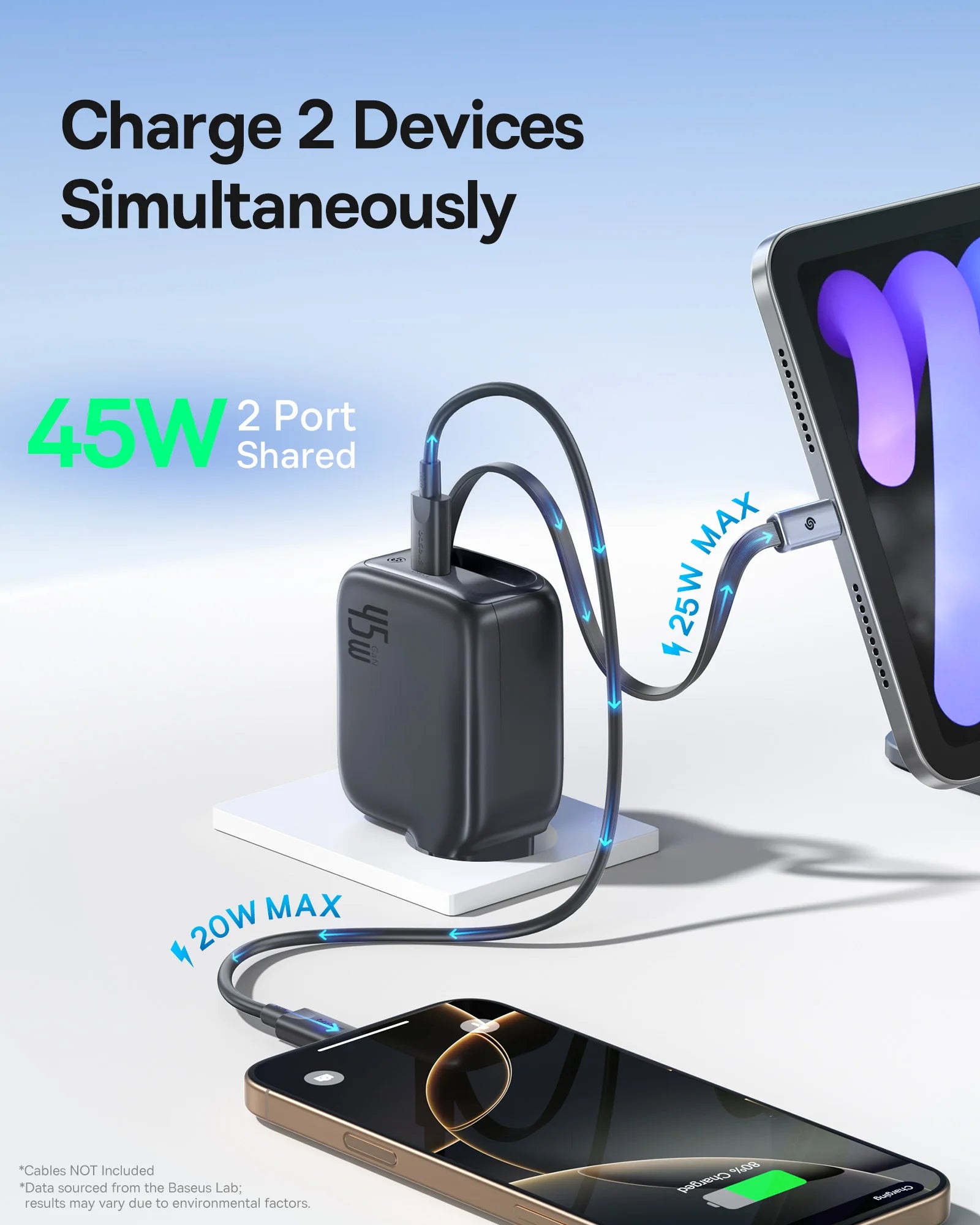 2-port charging adapter with devices being charged, showing 45W power sharing.